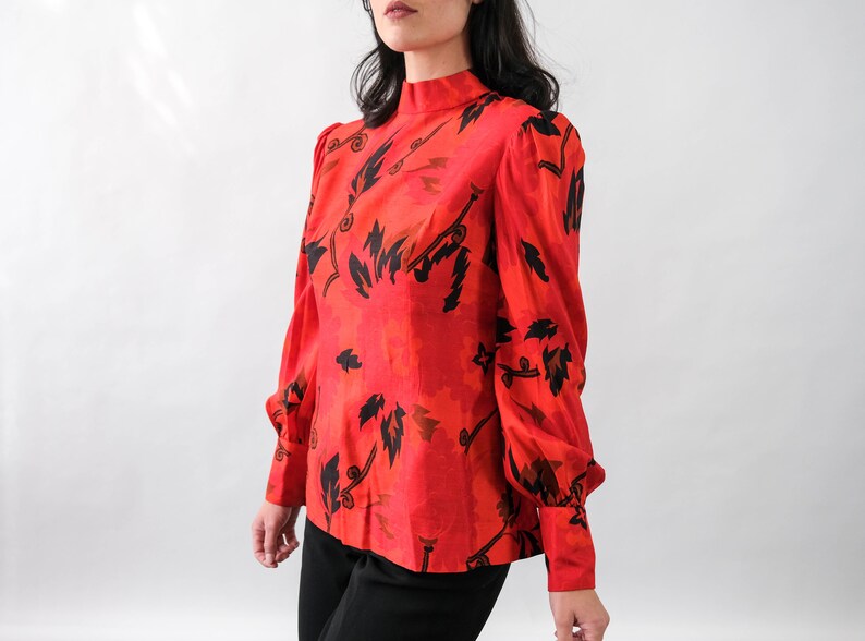 Vintage 70s Irene Thai Silk Ruby Red Floral Print Blouse w/ Pleated Poof Sleeves Made in Thailand 100% Silk 1970s Designer Asian Top image 4