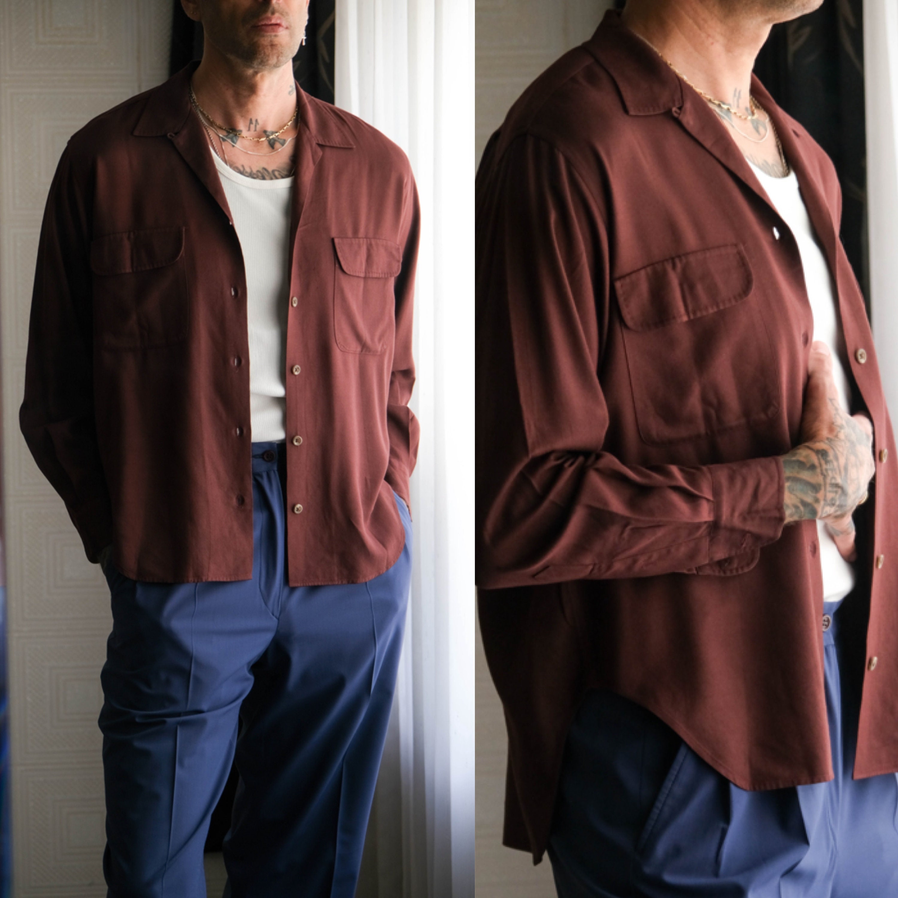 Vintage 80s RALPH LAUREN Merlot Rayon & Wool Gabardine Loop Collar
