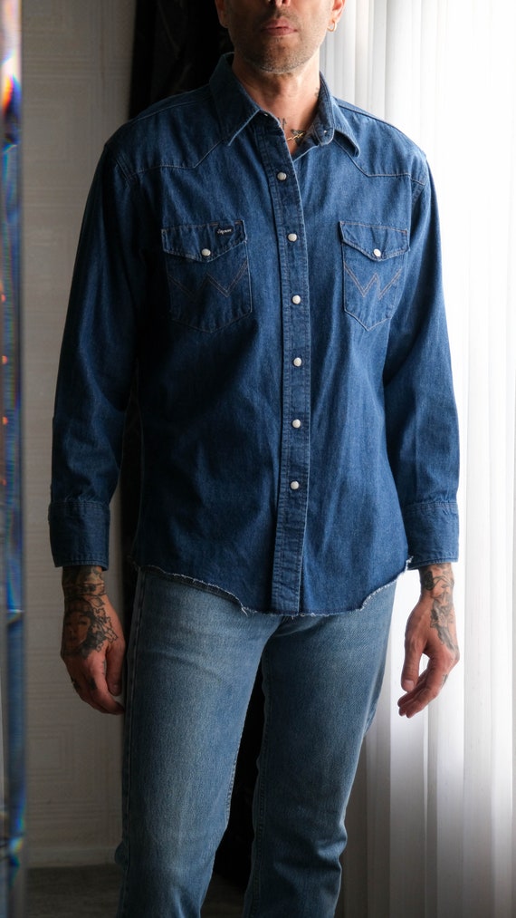 Vintage 80s WRANGLER Indigo Denim Pearl Snap West… - image 2