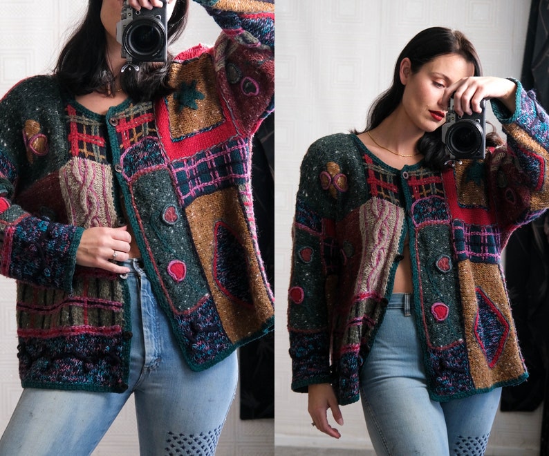 Vintage 90s Express Fancy Knit Pattern on Pattern Heart Cardigan Sweater Wool, Acrylic, Angora Blend 1990s Designer Bohemian Hobo Jumper image 1