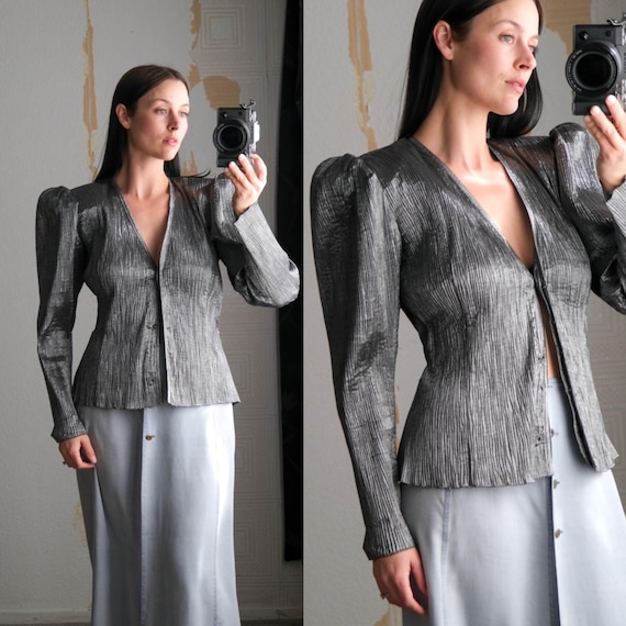 Vintage 80s KRIZIA Gun Metal Silver Fortuny Pleated Poof Shoulder Blouse Jacket | Made in Italy | 1980s Designer Avant Garde Shirt Blazer