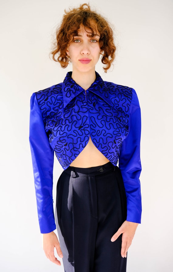 Vintage 80s Norma Kamali Couture Sapphire Blue Si… - image 3