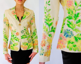 Vintage 70s Ted Lapidus Haute Couture Hand Painted Embellished Trim Zip Blazer | Made in France | Collectible | 1970s French Designer Jacket