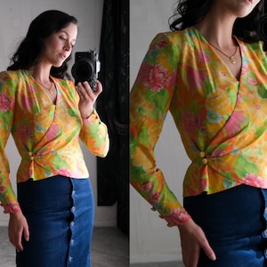 Vintage 80s William Pearson Neon Tropical Floral Silk Cropped Wrap Blouse | Made in USA | 100% Silk | 1980s Designer Silk Peplum Power Top