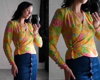 Vintage 80s William Pearson Neon Tropical Floral Silk Cropped Wrap Blouse | Made in USA | 100% Silk | 1980s Designer Silk Peplum Power Top