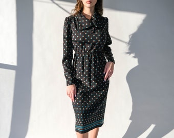 Vintage 70s LANVIN PARIS Black Convertible Cowl Collar Dress w/ Geometric Block Print | Made in France | 100% Wool | 1970s Designer Dress