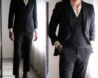 Vintage 70s GIVENCHY Black Three Piece Flare Leg New Deadstock Suit | Made in USA | 100% Wool | 1970s GIVENCHY Designer Tailored Mens Suit