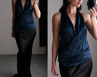vintage DONNA KARAN chemisier cache-cœur cache-cœur bleu sarcelle foncé profond bijou aux tons plongeant froncé | Chemisier romantique de créateur DKNY de l'an 2000