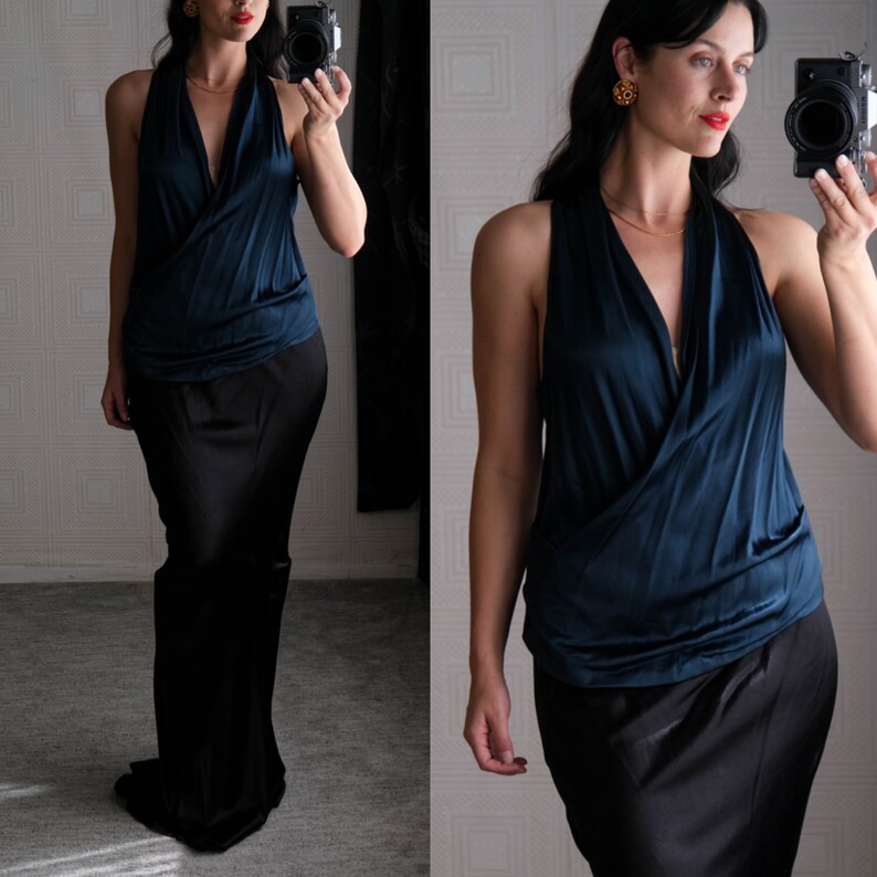 Vintage DONNA KARAN Black Label Deep Teal Liquid Jewel Toned Plunging Ruched Wrap Tank Top Blouse Y2K 2000s DKNY Designer Romantic Blouse image 1