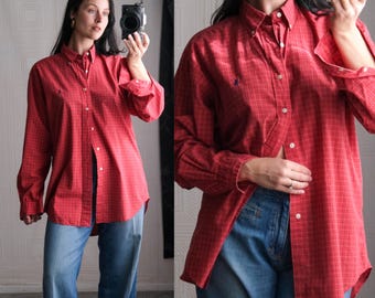 Vintage POLO Ralph Lauren Crimson & Mineral Green Windowpane Blake Oxford Shirt | 100% Cotton | Size M | 1990s POLO Designer Shirt