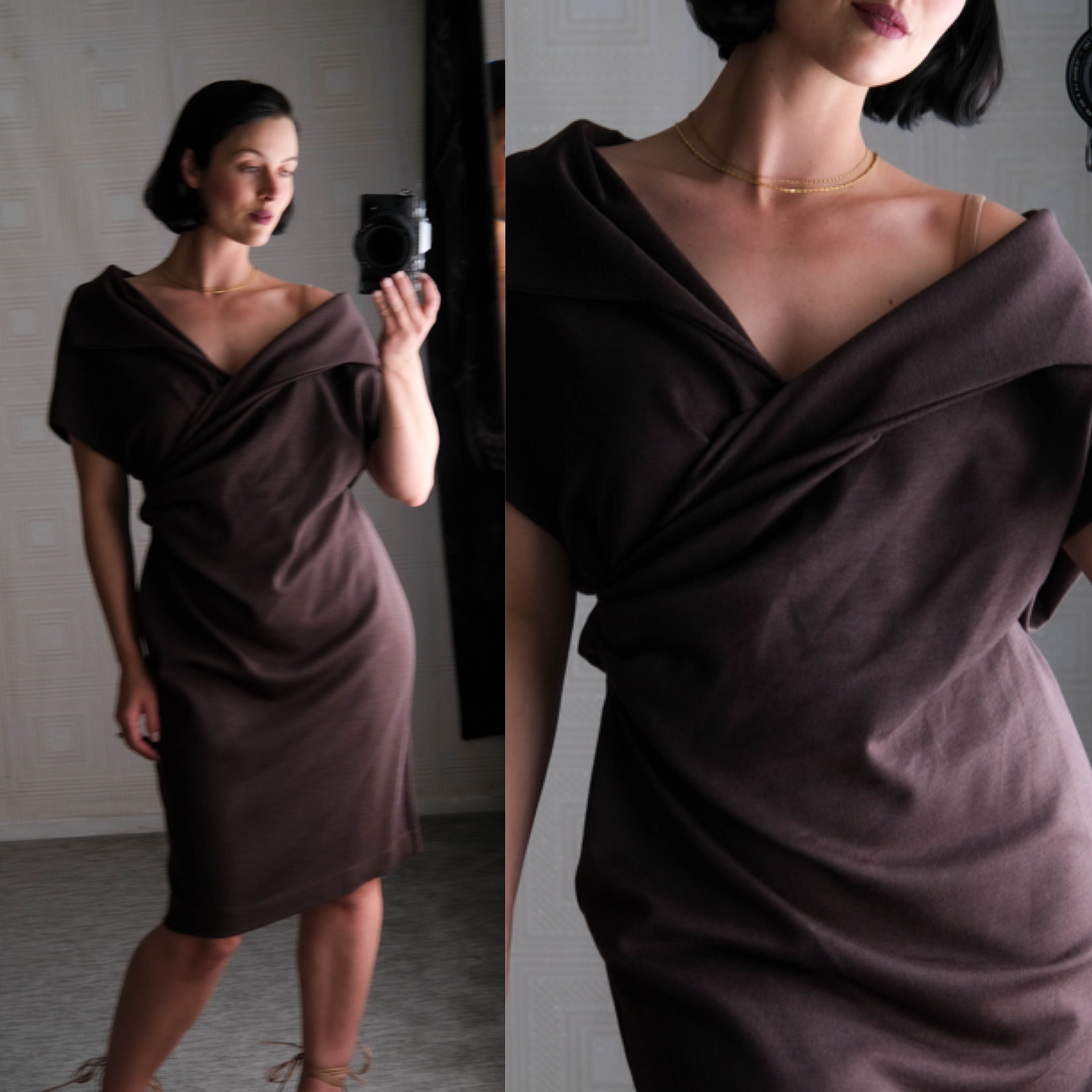 SALVATORE FERRAGAMO Brown Wool Jersey Ruche Wrap Dress W