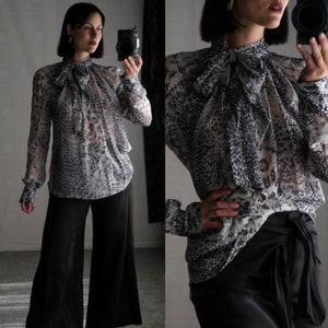 SALVATORE FERRAGAMO Charcoal & Silver Silk Burnout Animal Print Pussy Bow Pullover Blouse Made in Italy Y2K Italian Designer Silk Top image 1