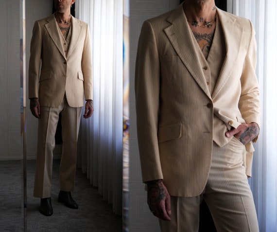 Vintage 70s GIVENCHY PARIS Cream Pinstriped Gabardine Wide Lapel Three Piece Flare Suit Made in USA 1970s French Designer Tailored Suit Etsy Canada