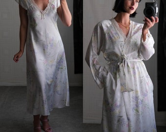 Vintage CHRISTIAN DIOR for Neiman Marcus Ivory Soft Watercolor Floral Nightgown & Robe Set | Unworn | 1970s 1980s DIOR Boudoir Sleep Set