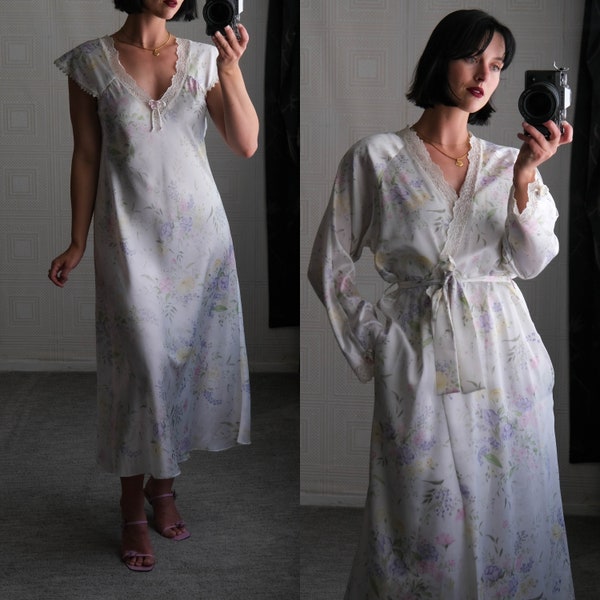 Vintage CHRISTIAN DIOR for Neiman Marcus Ivory Soft Watercolor Floral Nightgown & Robe Set | Unworn | 1970s 1980s DIOR Boudoir Sleep Set