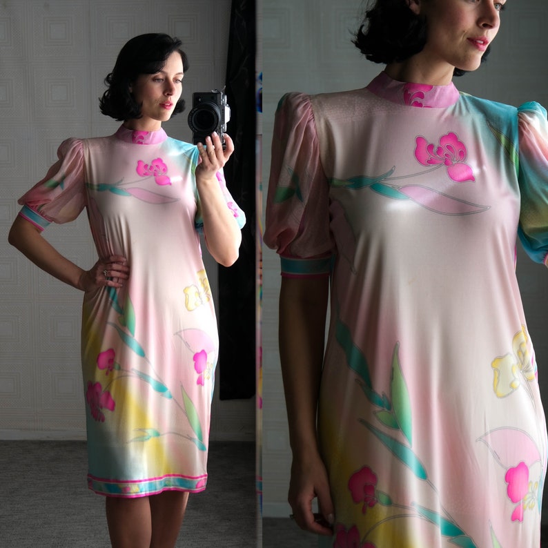 robe vintage des années 60 LEONARD PARIS en soie rose fleurie Sunrise Fabriqué en France 100 % jersey de soie mikado Robe en soie de créateur des années 60 image 1