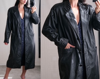 Vintage 80s J. FERRAR Black Lambskin Leather Drop Shoulder Trench