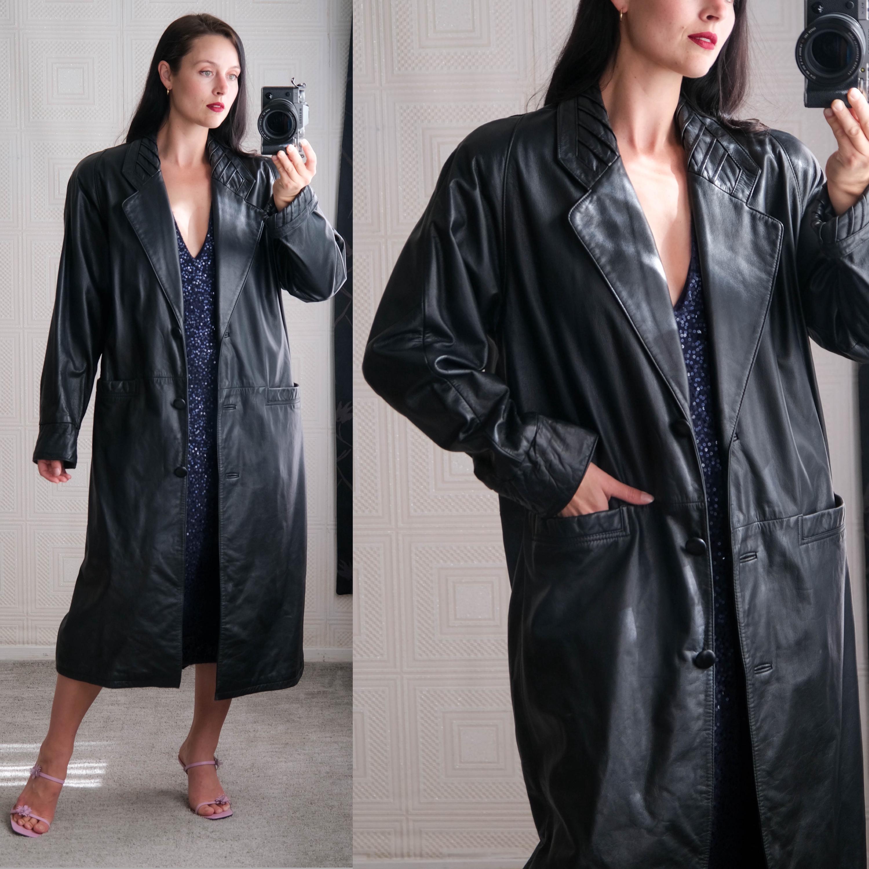 Vintage 80s J. FERRAR Black Lambskin Leather Drop Shoulder Trench