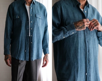 Vintage 90s POLO Ralph Lauren Chambray Blue Linen Long Sleeve Shirt | 100% Linen | Size Medium | 1980s POLO RL Designer Chore Work Shirt