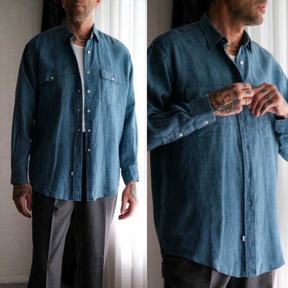 Buy Vintage 90s POLO Ralph Lauren Chambray Blue Linen Long Sleeve 