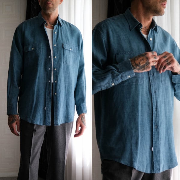 Vintage 90s POLO Ralph Lauren Chambray Blue Linen Long Sleeve Shirt | 100% Linen | Size Medium | 1980s POLO RL Designer Chore Work Shirt