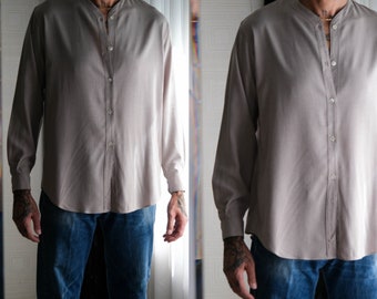 Vintage 90s Giorgio Armani A Milano Borgonuovo 21 Taupe Gabardine Jersey Collar Shirt | Made in Italy | 1990s Armani Designer Mens Shirt