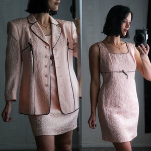 Vintage 90s ESCADA COUTURE Light Pink Puckered Heart Silk Jacquard Mini Dress & Blazer Suit | Made in Germany | 1990s ESCADA Designer Set