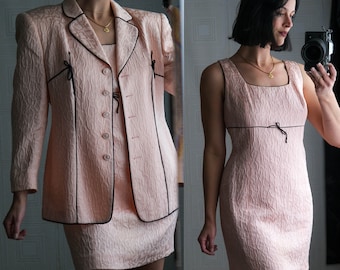 Vintage 90s ESCADA COUTURE Light Pink Puckered Heart Silk Jacquard Mini Dress & Blazer Suit | Made in Germany | 1990s ESCADA Designer Set