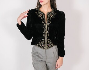 Vintage 80s Partique New York Black Velvet Cropped Jacket w/ Metallic Embroidery & Gemstones | Made in USA | 1980s Designer Disco Glam Coat