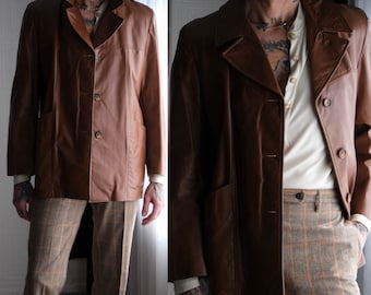 Vintage 70s CRESCO Caramel Leather Three Button Jacket | 100% Genuine Leather | Mod, Disco Era | 1970s Designer Mens Leather Blazer Jacket
