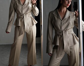 Vintage GIORGIO ARMANI Tan Golden Age of Hollywood Style Crop Belted Jacket & Wide Leg Suit | Made in Italy | Y2K ARMANI Designer Pant Set