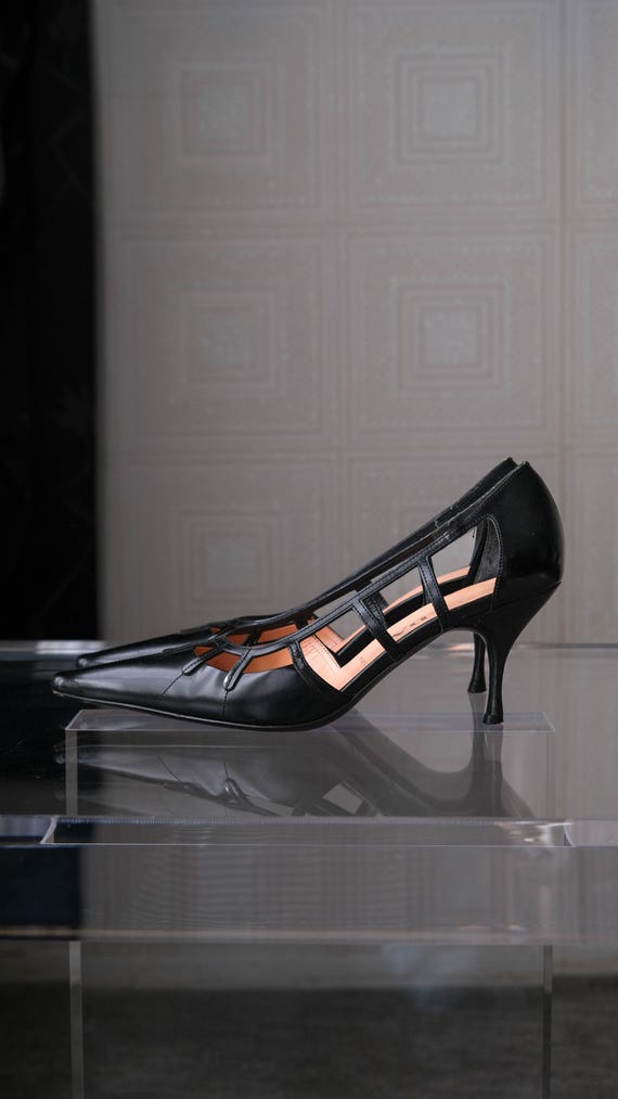 PRADA Black Leather Windowpane Square Pointed Toe Heels | Made in