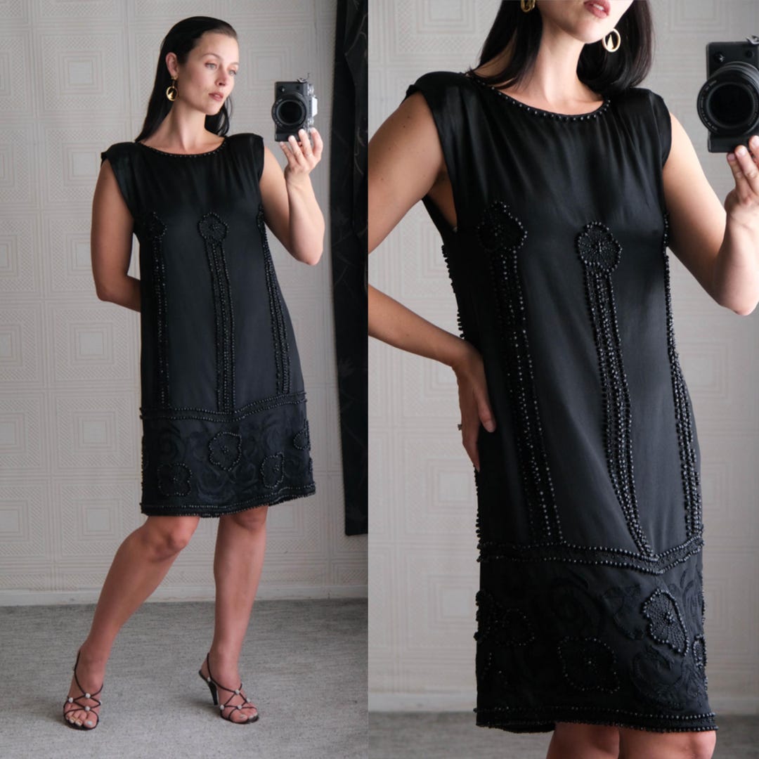 1920s Art Deco Beaded Silk Satin Flapper Dress W/ Intricate Hand Done ...