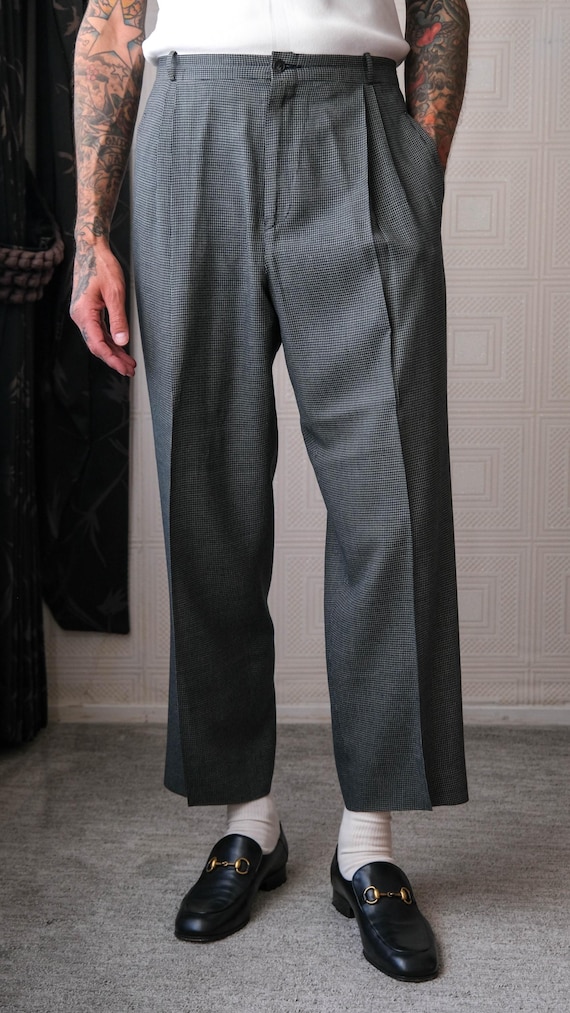 Vintage 80s ANDREW FEZZA Black & Navy Cream Micro Windowpane High