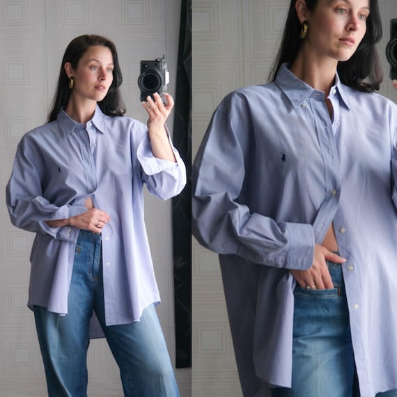 Vintage POLO Ralph Lauren Chambray Blue Pinstripe Textured