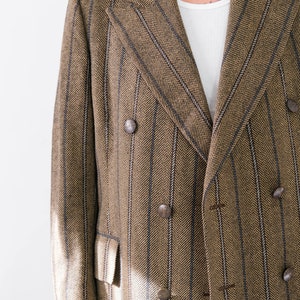 Vintage 60s GEOFFREY BEENE COLLETION Caramel Herringbone Stripe Double Breasted Overcoat w/ Brass Logo Buttons 1960s Designer Winter Coat image 2
