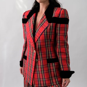 Vintage 90s Jacques Fath Boutique Quilted Red Plaid & Black Velvet Blazer w/ Gold Logo Buttons Made in Paris 1990s French Designer Coat image 2