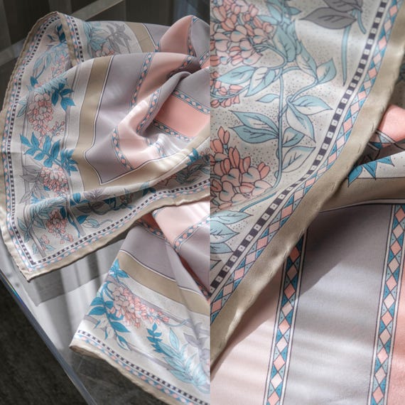 Vintage Pastel Flora Print Hand Rolled Silk Scarf | 100% Silk | 33" x 33" | Pale Pink and Blue | Designer Accessory Scarf