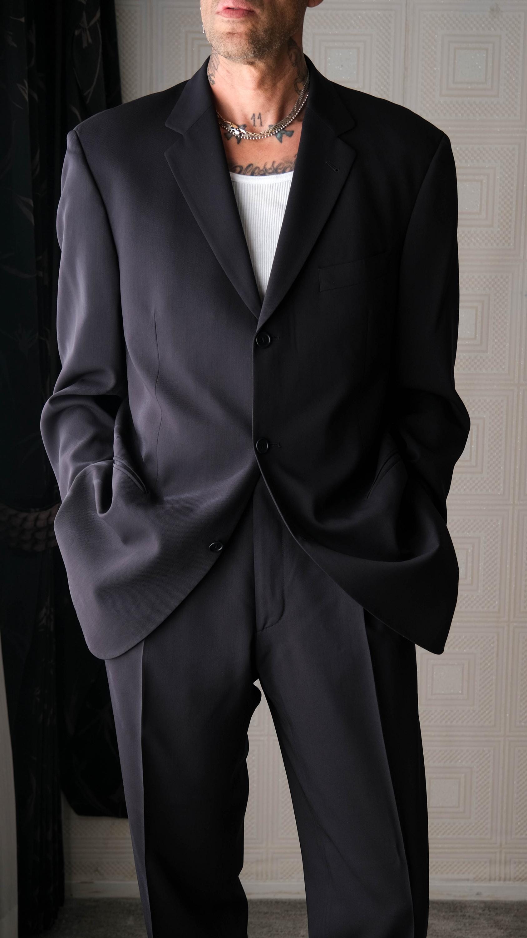 Vintage 90s HUGO BOSS Black Wool Crepe Gabardine Longline Three