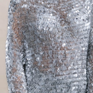 Vintage 90s Silver Sequined Mohair Cashmere Blend Mesh Knit Mini Sweater Dress 1990s Y2K Designer Glamorous Sequined Tunic Sweater Dress image 7