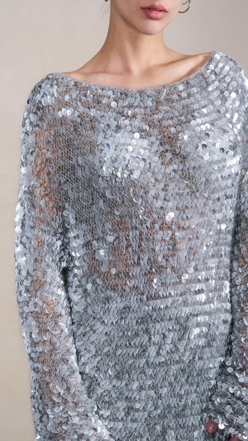Vintage 90s Silver Sequined Mohair Cashmere Blend Mesh Knit Mini Sweater Dress 1990s Y2K Designer Glamorous Sequined Tunic Sweater Dress image 7