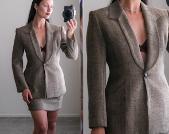 Vintage 90s ZION New York for Cache Salt & Pepper Herringbone Chenille Blazer Mini Skirt Suit | Made in USA | 1990s Designer Power Set