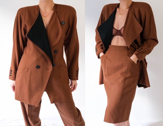 Vintage 80s ESCADA Caramel Brown Double Breasted … - image 1