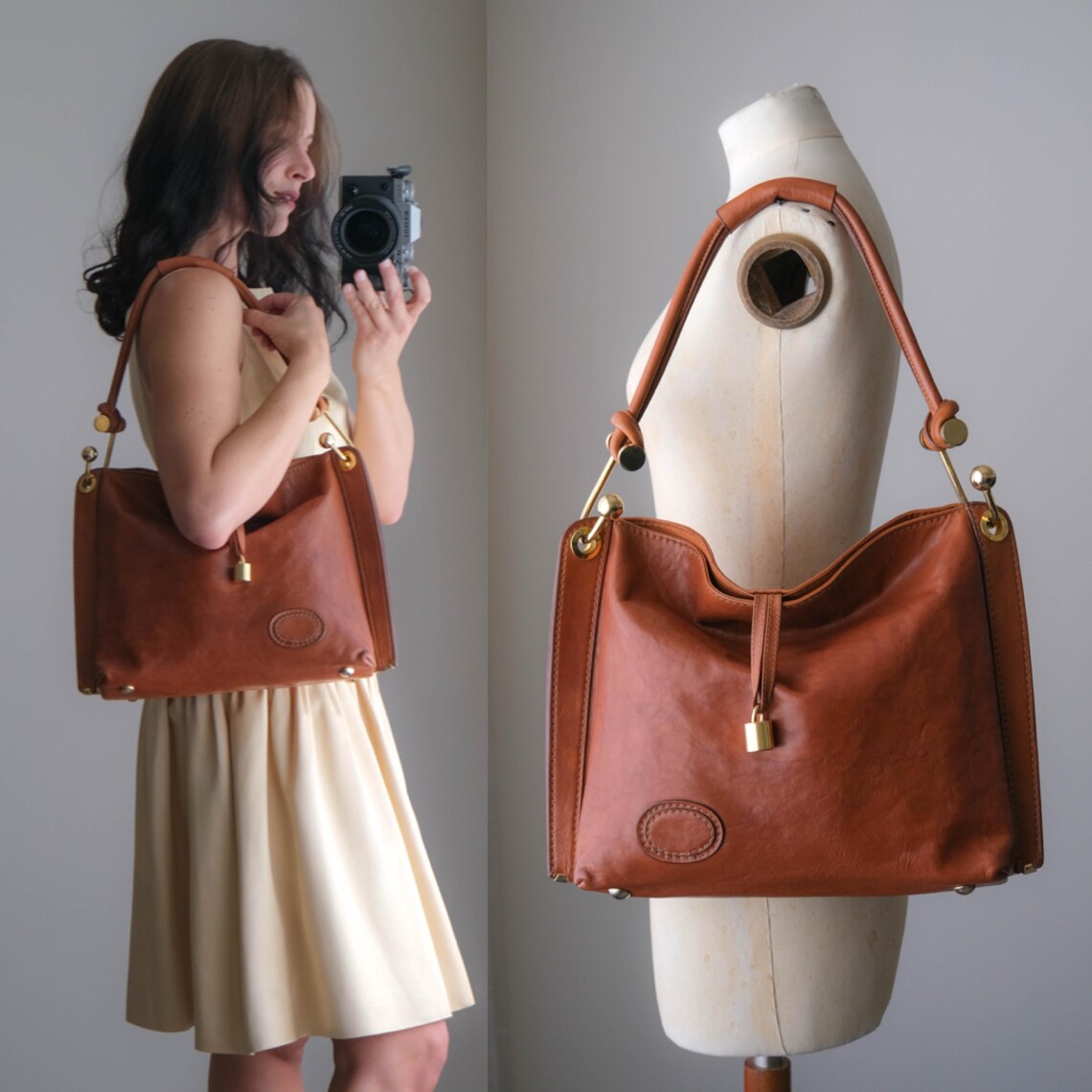 Vintage 70s Tan Leather Slouch Handbag w/ Heavy Brass Hook Hardware | Handmade In Italy | 100% Genuine Leather | 1970s 1980s Shoulder Bag, Foto 1 von 5