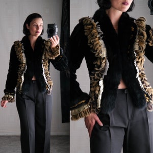 Vintage 90s CEDRICS Black & Tan Frosted Knit Fur Crop Zip Jacket w/ Gold Leather Fringe Cuffs 100% Genuine Fur 1990s Designer Fur Coat image 1