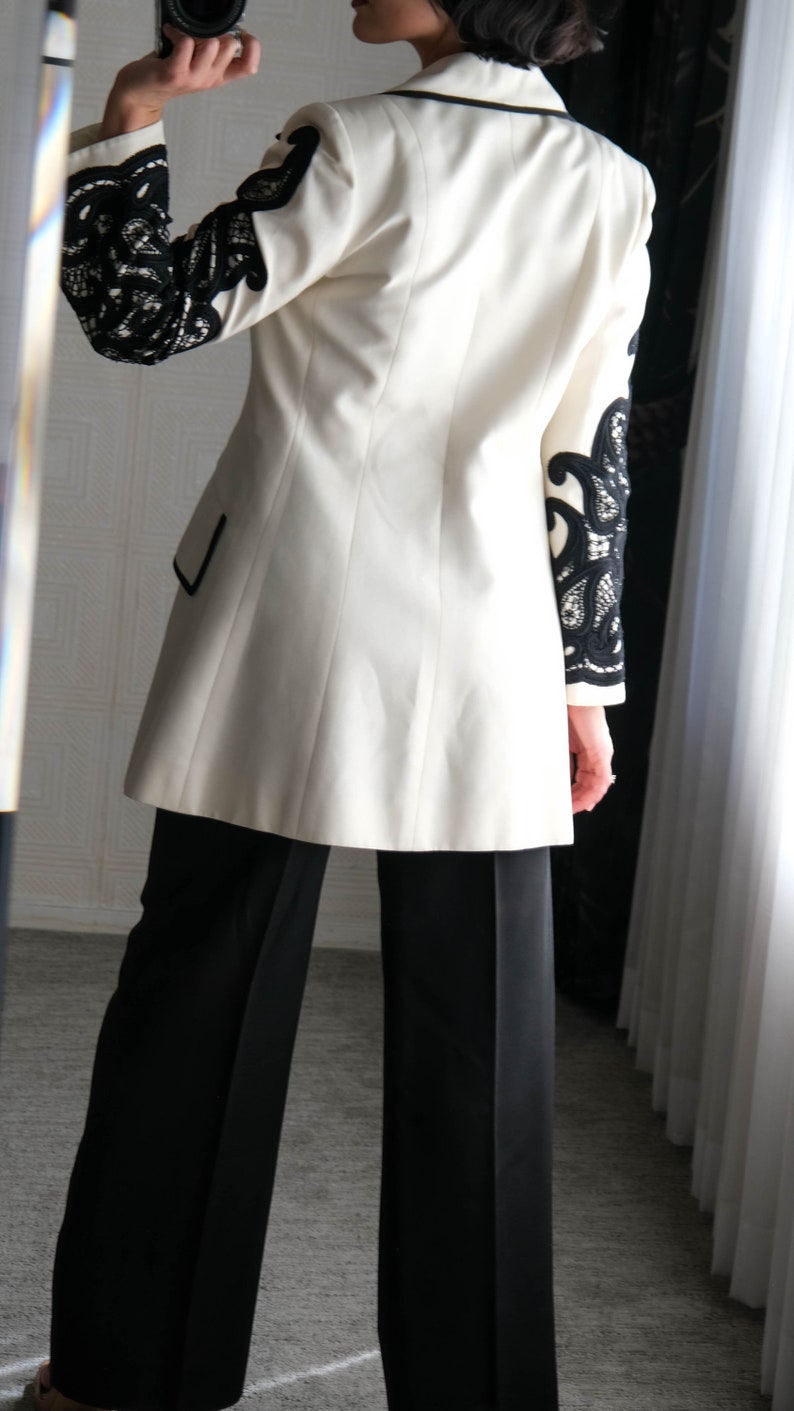 Vintage 90s JACQUES FATH PARIS White Longline Blazer w/ Black Trim & Paisley Applique Bell Sleeves Made in France 1990s Designer Jacket image 7