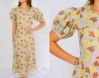 Vintage 40s Handmade Pastel Dandelion & Sunflower Patch Print Empire Waist Dress w/ Poof Shoulders | Cotton Gauze | 1940s Bohemian Dress