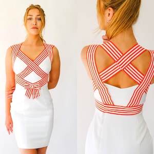 Vintage 80s Thierry Mugler Sailor Style Dress w/ Blood Orange & Ivory Silk Stripe Ribbon | Made in France | 1980s Mugler Designer Dress