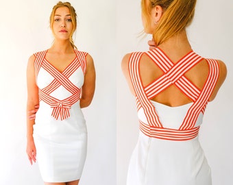 Vintage 80s Thierry Mugler Sailor Style Dress w/ Blood Orange & Ivory Silk Stripe Ribbon | Made in France | 1980s Mugler Designer Dress