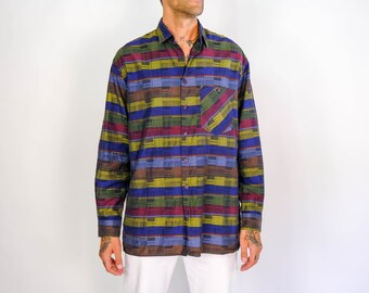 Vintage 80s Missoni for Neiman Marcus Zig Zag Stripe & Plaid Multi Color Print Shirt | Made in Italy | 100% Cotton | 1980s Designer Shirt